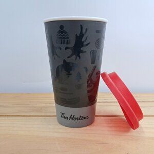 Tim Hortons 2018 Canadiana Travel Mug Ceramic Coffee Tumbler Grey Red Lid